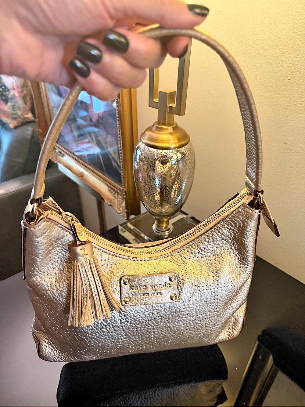 Kate Spade Metallic Gold leather tassel Shoulder Bag EUC